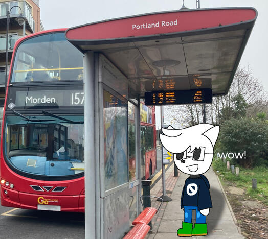 trance - an anthro platinum fox, white with grey eyes, wearing a navy hoodie (with the unfocused emblem), blue tracksuits and green wellies - excited about london bus route 157.