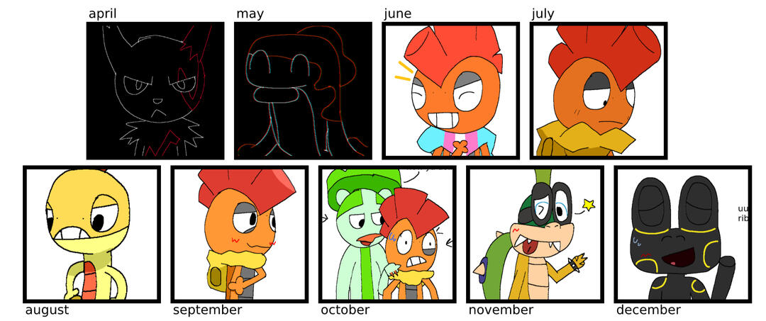 april: zangoose, may: tatsugiri, june: trans pride scrafty, july: shy scrafty, august: annoyed scraggy, september: shy scrafty (but better), october: lombre making fun of scrafty's height, november: cool iggy koopa, december: laz ribbit